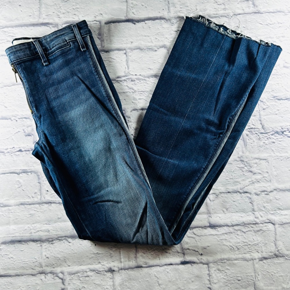 McGuire Voyage Trouser Flare Jeans Blue Exposed Zip Raw Hem Womens 28